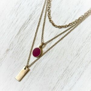 Gold Brass Toned Layered Burgundy Matte Enameled Pendant Adjustable Necklace